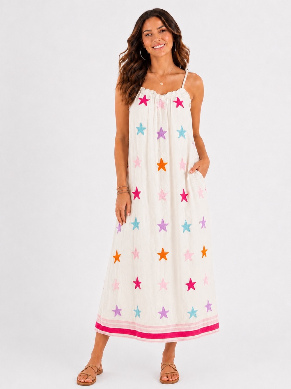 J. Marie Star Embroidered Maxi Dress L Colorful Pockets Coastal Boho
